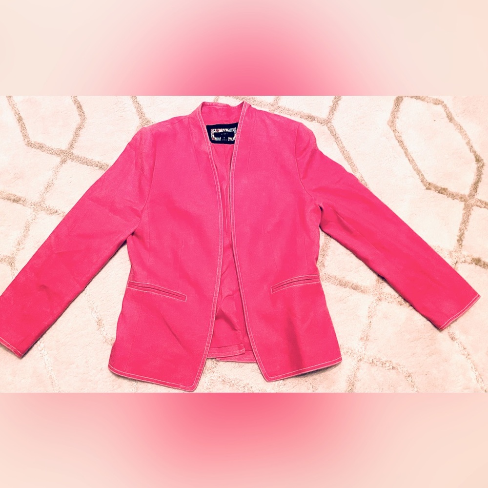 J. Crew Bright Pink Linen Jacket Blazer with Contrasting White Stitching - 8